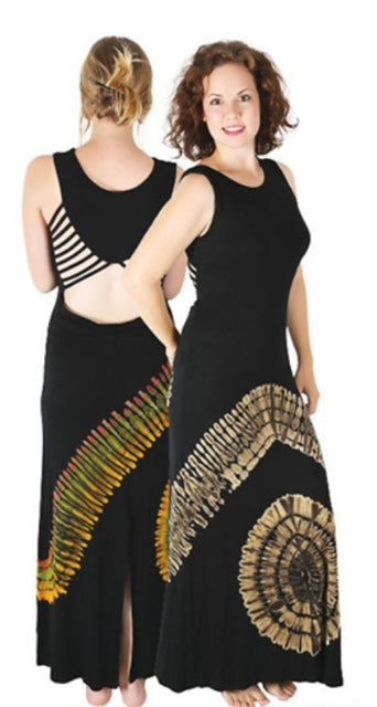 Black Backless Maxi Dress with Circular Tie-Dye Pattern: